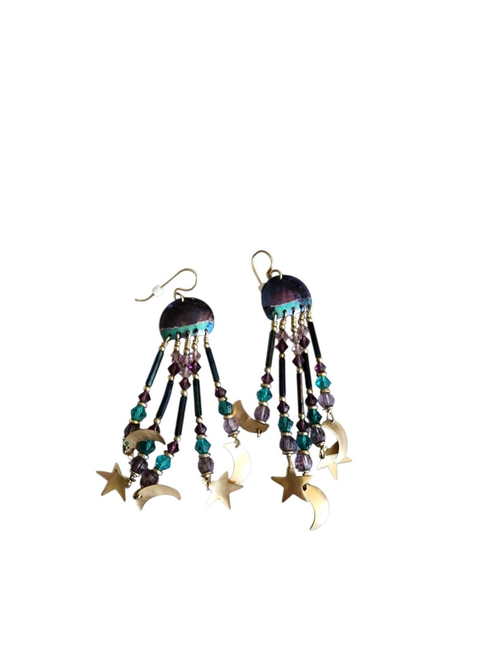 TABRA Celestial Chandelier Earrings Purple Blue Niobium Gold Toned Moon & Stars